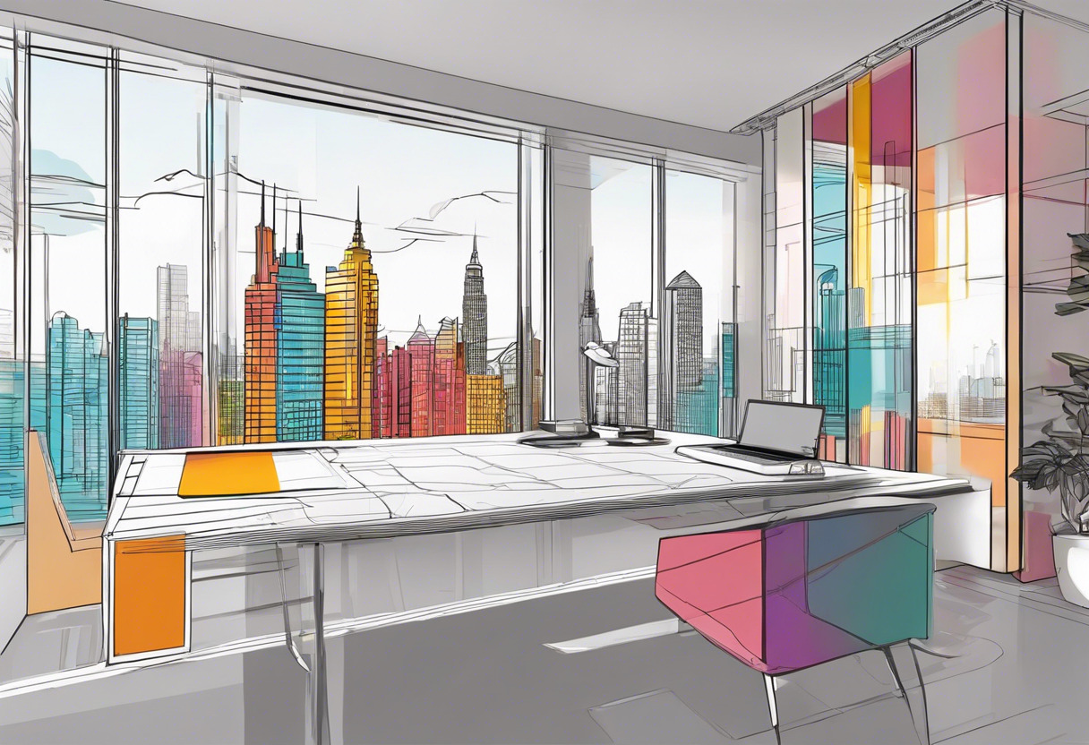 Colorful architectural drawings on a desk with a cityscape in the background