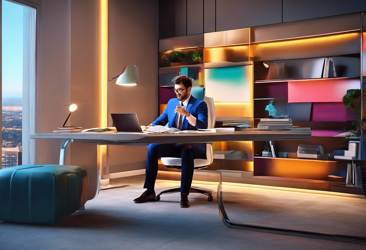 Colorful business executive studying at his modern office, immersed learning experience powered by Docebo