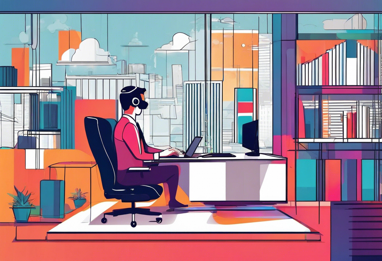 Colorful businessman exploring the AR/VR possibilities with EdApp in an office environment.