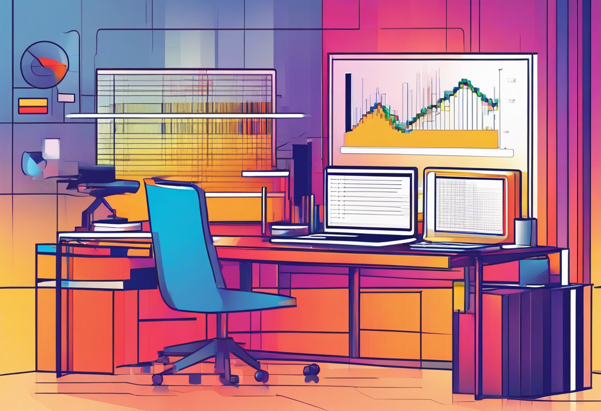 Colorful causal graph depicting programming language popularity fluctuations on the TIOBE Index at a hi-tech programmer's desk