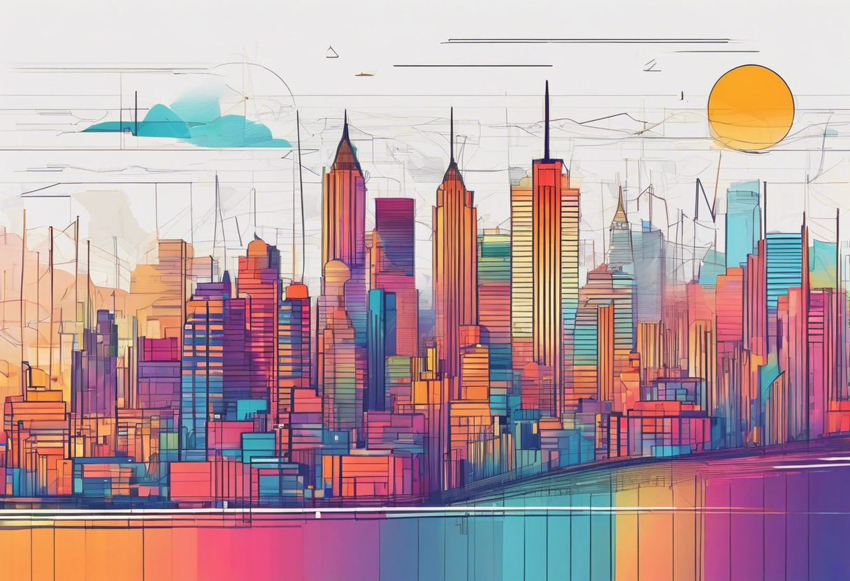 Colorful cityscape overlaid with geometric data visualizations, viewed by an analyst