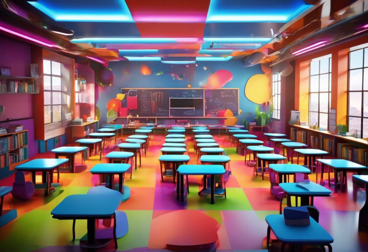 Colorful classroom with students learning in a high-tech setting