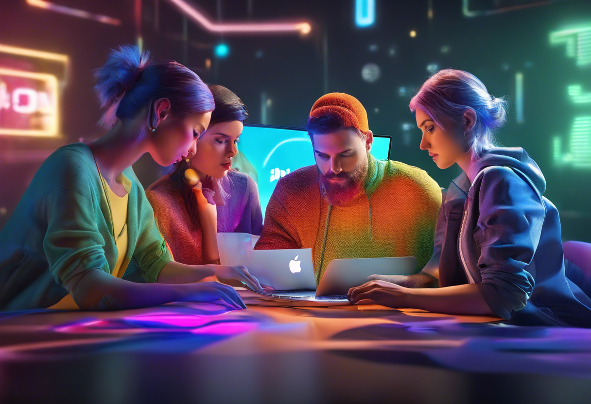 Colorful cluster of Graphic Designers huddled around a MacBook, immersed in Adobe Photoshop