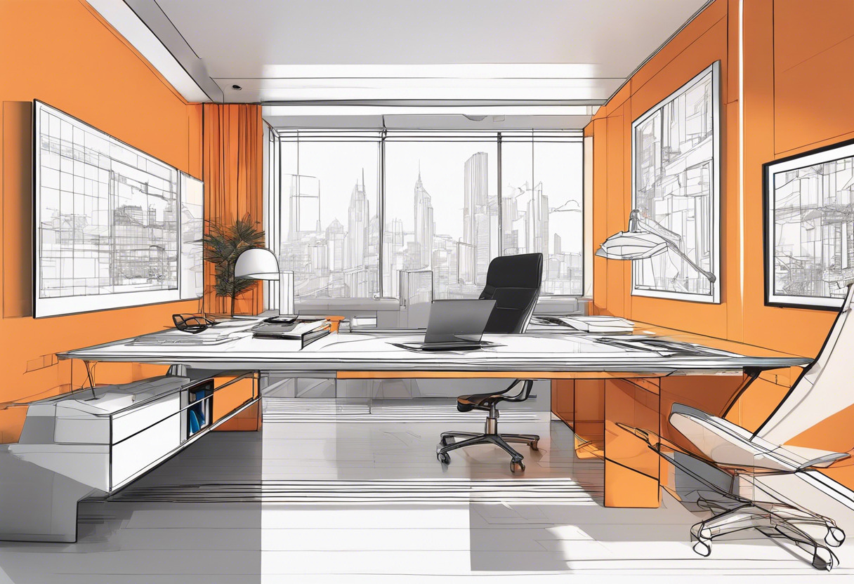 Colorful conceptual image of an architect in his high tech office, diligently refining a complex design with SketchUp's intuitive tools and rendering options, with a cityscape model on his desk