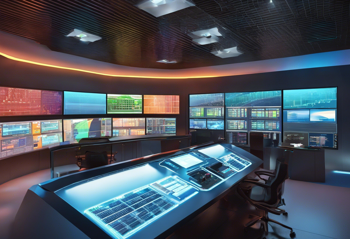 Colorful control room showcasing a supervisor monitoring a SCADA system