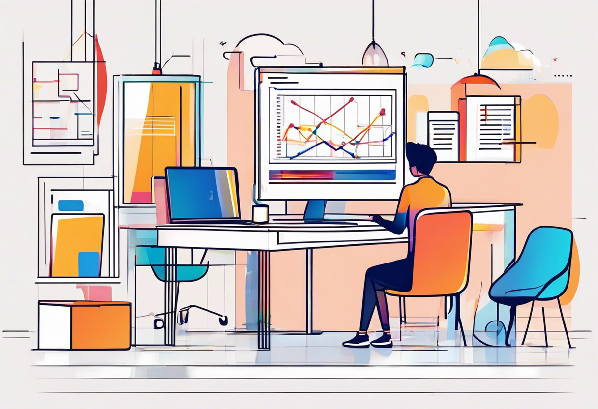 Colorful data analytics representation on Pendo, as watched by a fascinated team in an office.