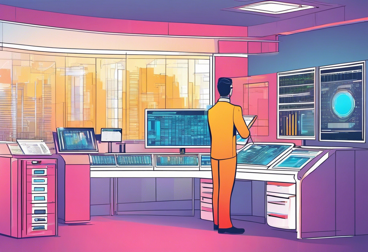 Colorful data control room with technician examining Fiix's platform