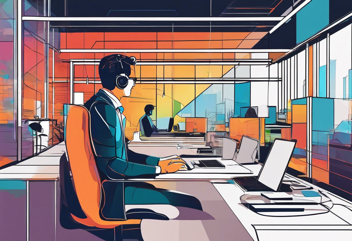 Colorful depiction of a businessman at a tech hub