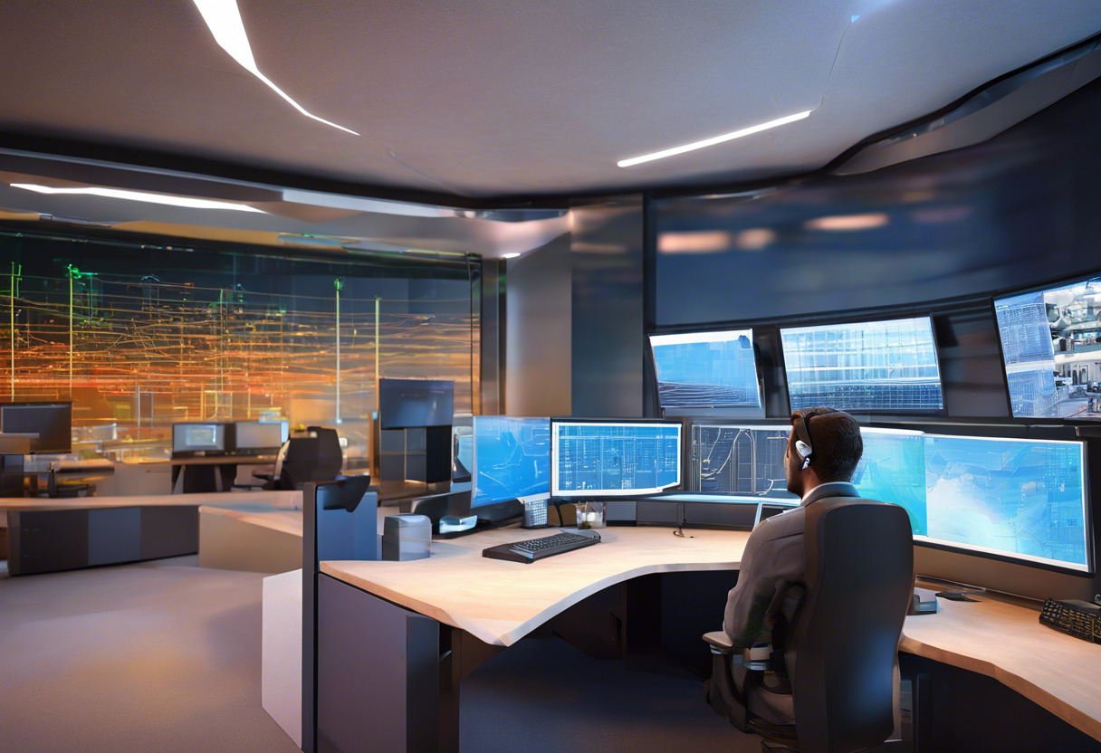 Colorful depiction of a civil engineer using ContextCapture in an operations control center