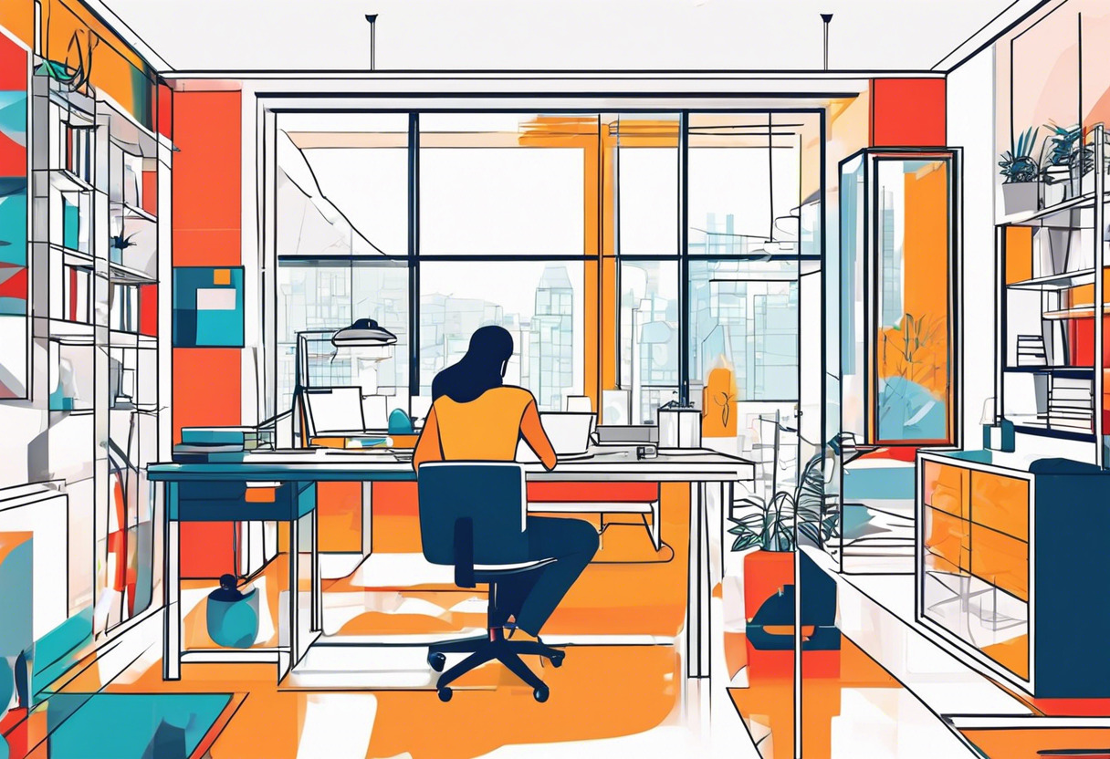 Colorful depiction of a designer at their workspace utilizing CorelDRAW