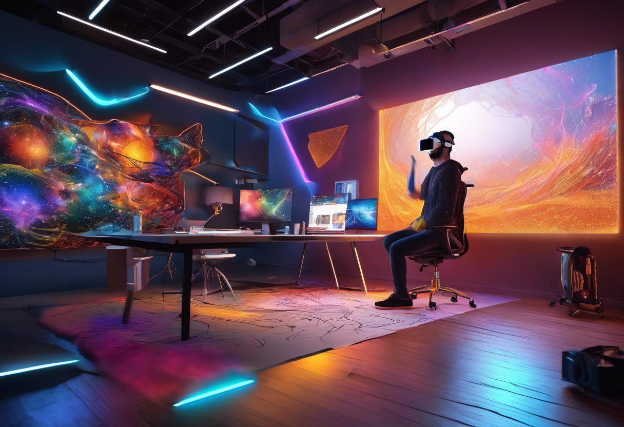 Colorful depiction of a designer in a cutting-edge VR studio, doodling designs into the 3D space in Gravity Sketch