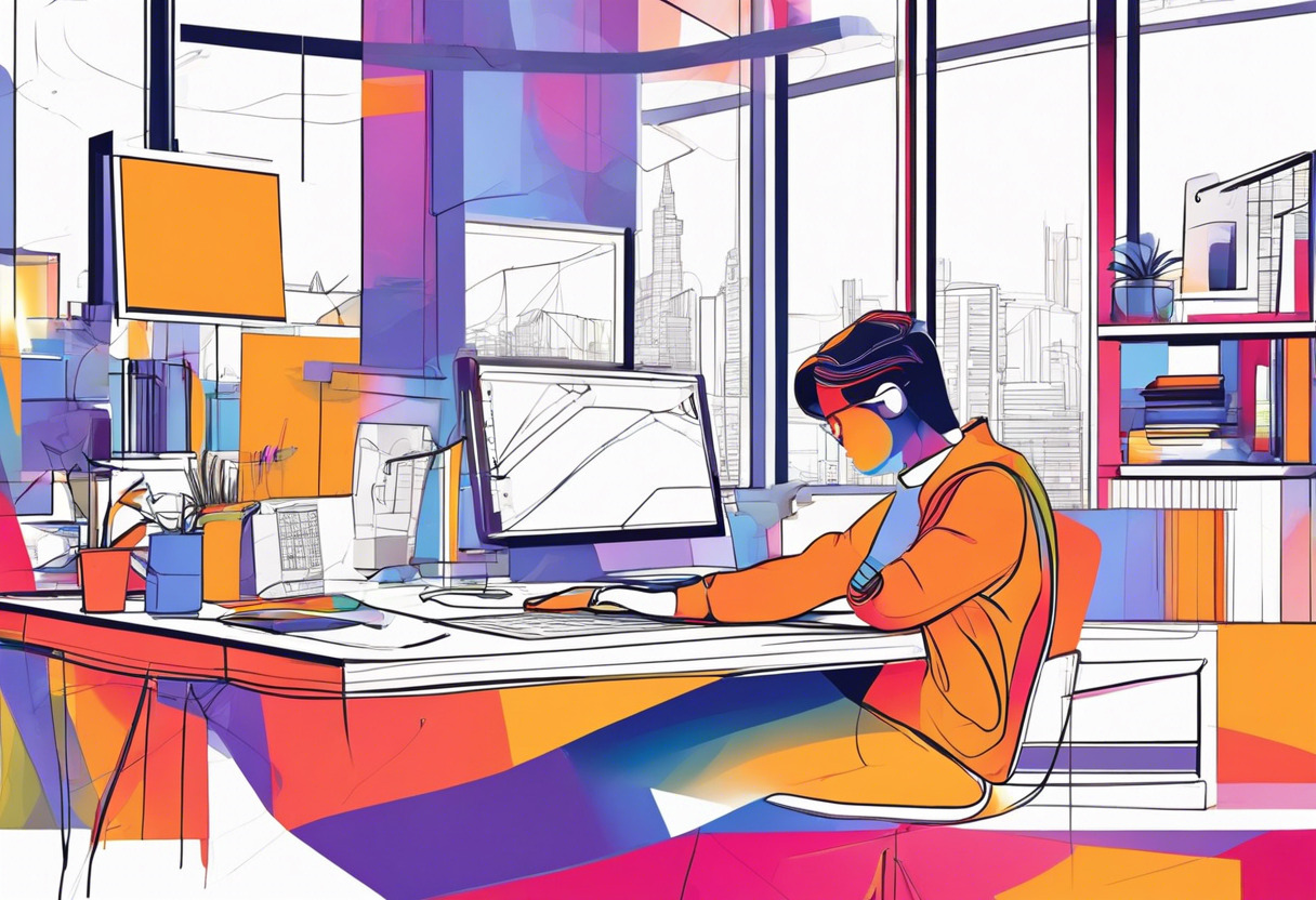 Colorful depiction of a designer using Fusion360 in a vibrant, tech-filled workspace