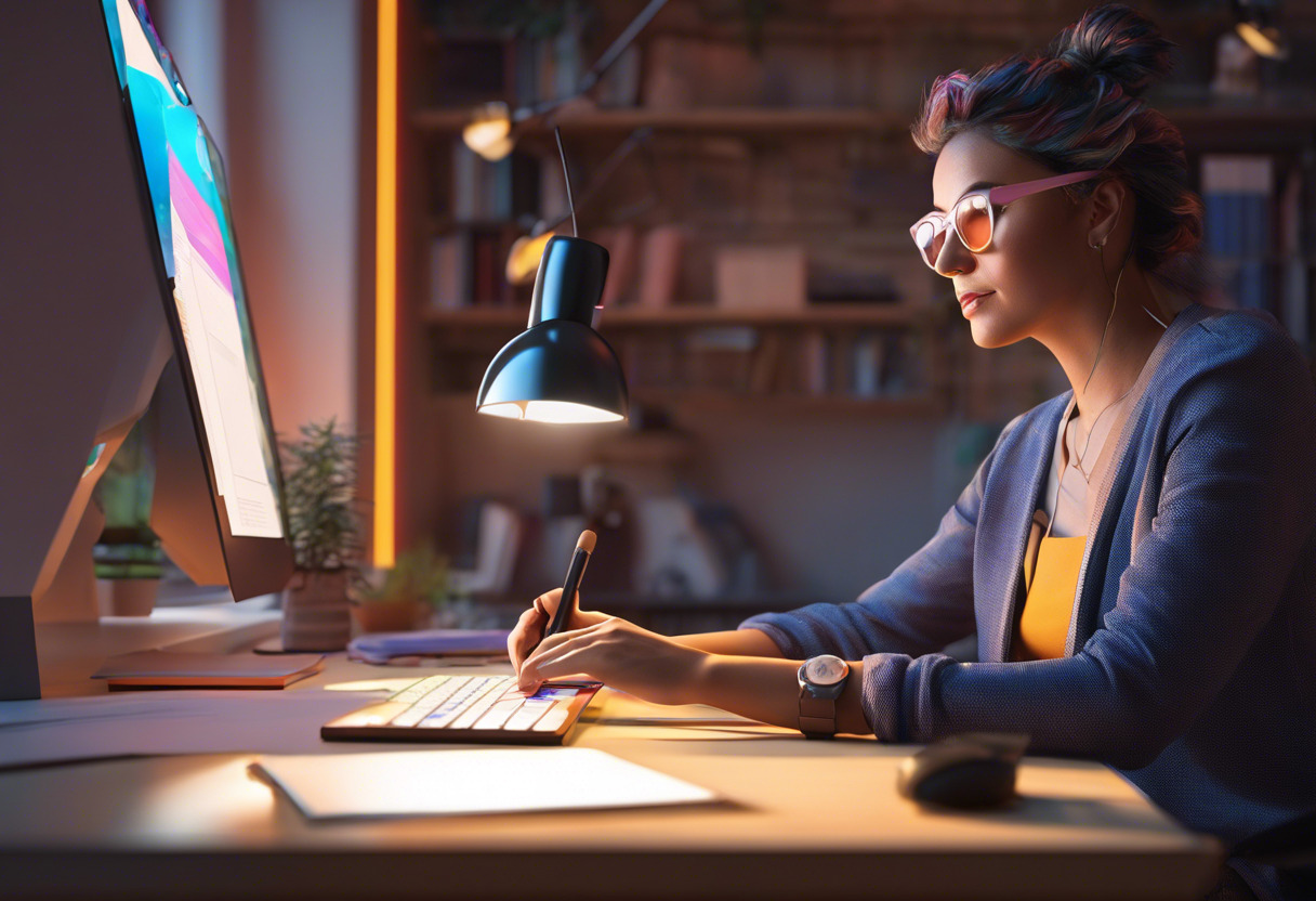 Colorful depiction of a designer working on Adobe InDesign at a workstation