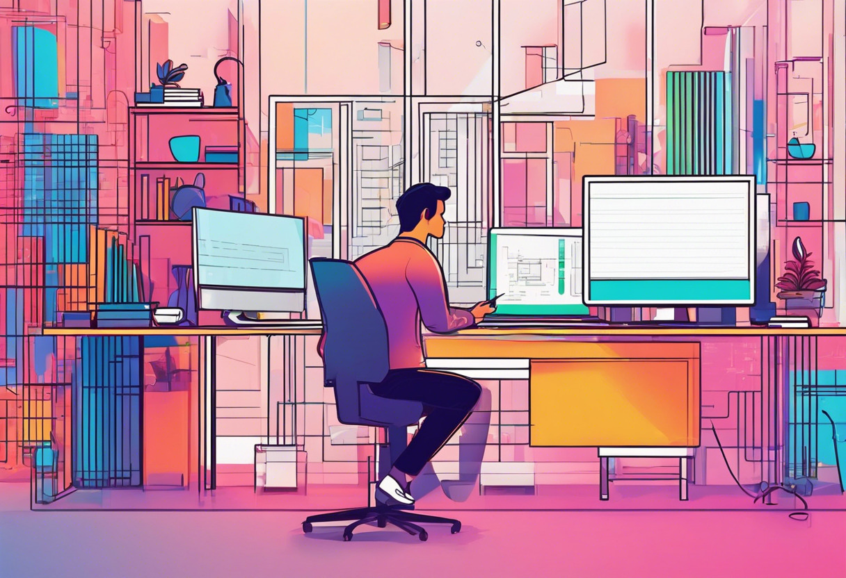 Colorful depiction of a developer working on PixiJS in a tech hub