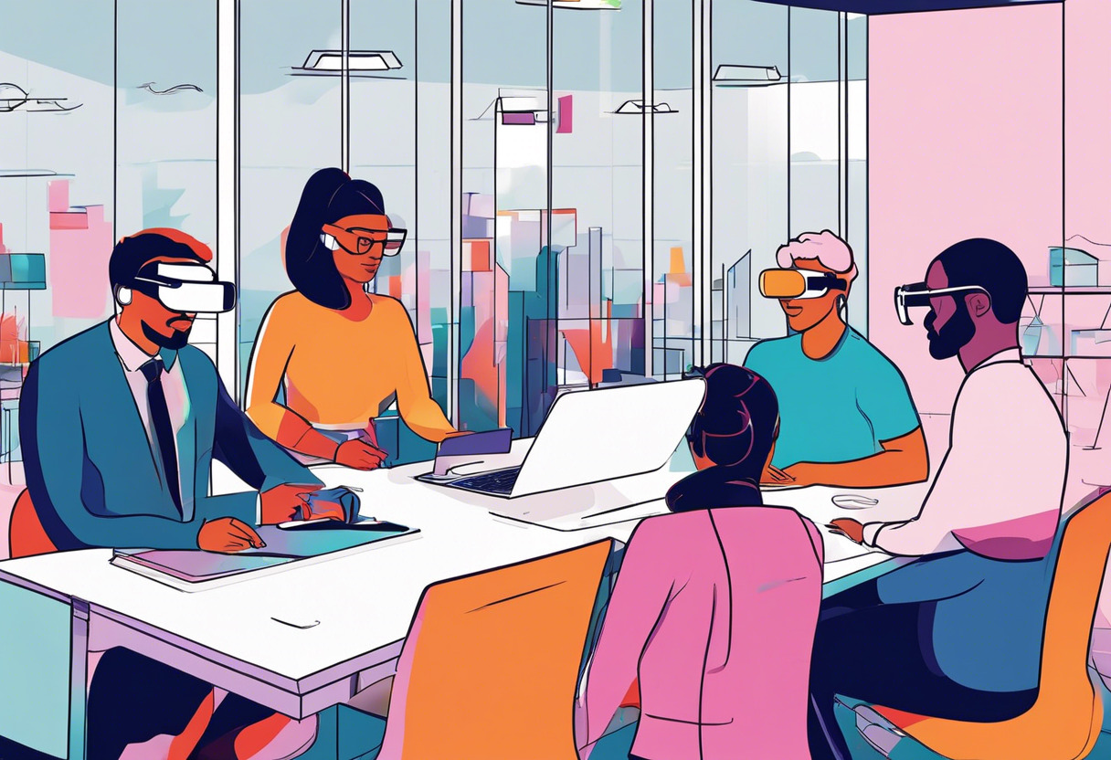 Colorful depiction of a diverse corporate team engaging with AR/VR training through LearnUpon in a modern office space
