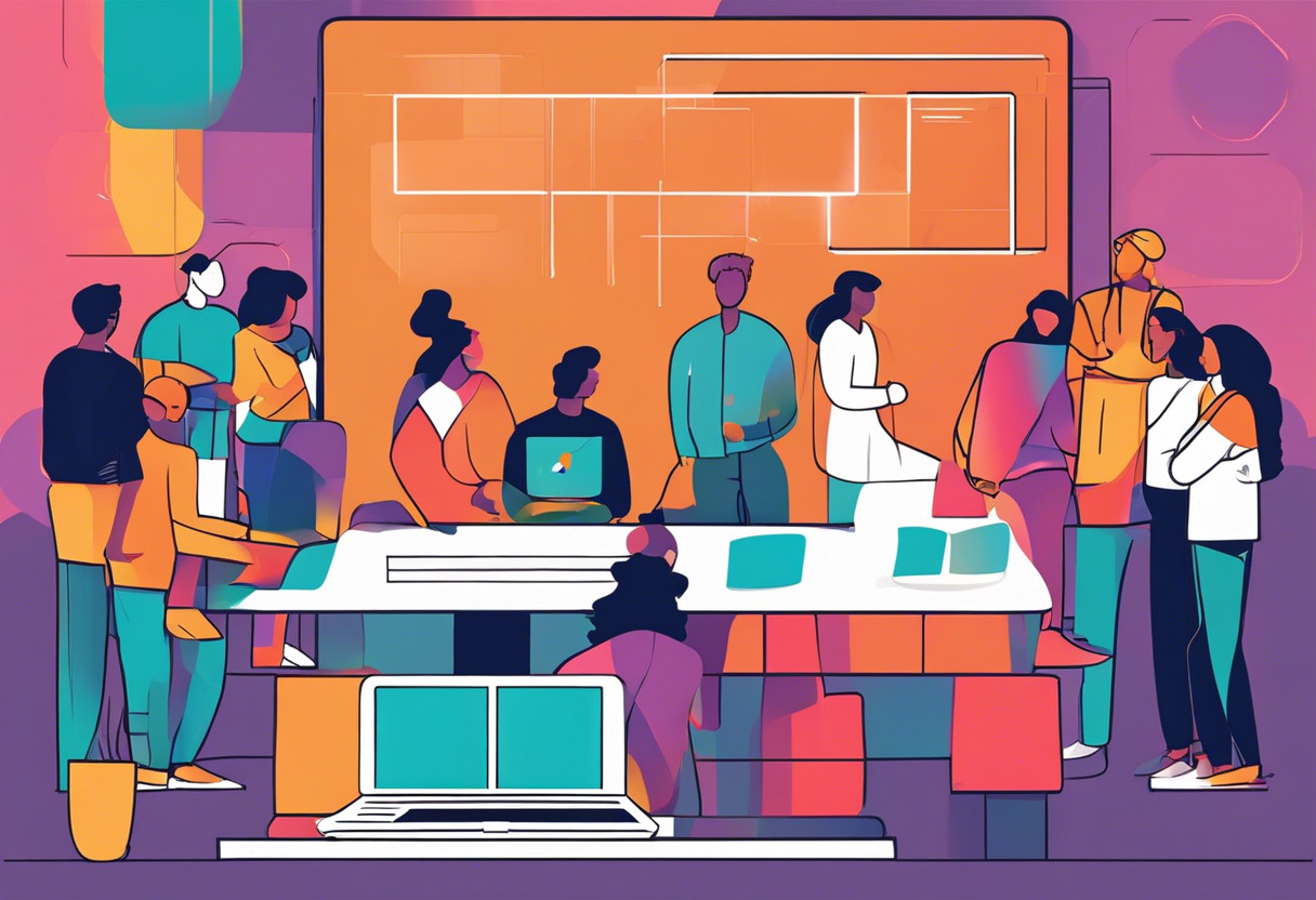 Colorful depiction of a diverse group of software users, huddled in front of a massive digital screen showcasing the Moodle platform.