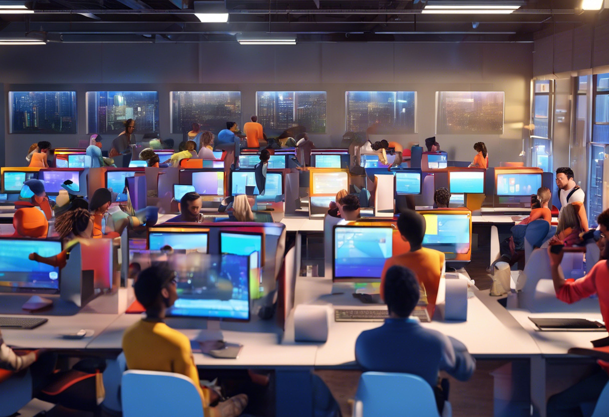 Colorful depiction of a diverse group of students using Tutor LMS on various devices in a well-equipped computer lab