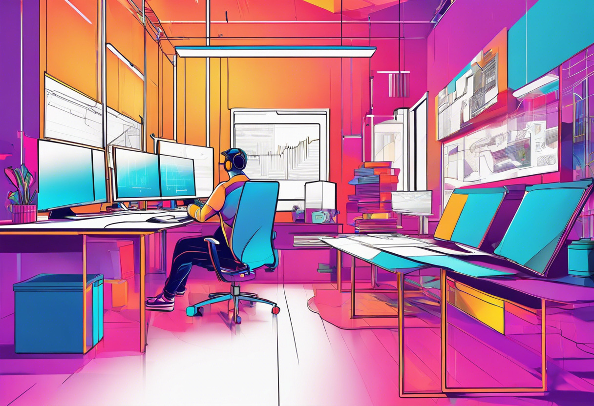 Colorful depiction of a game developer immersed in programming on Unreal Engine in a vibrant tech office