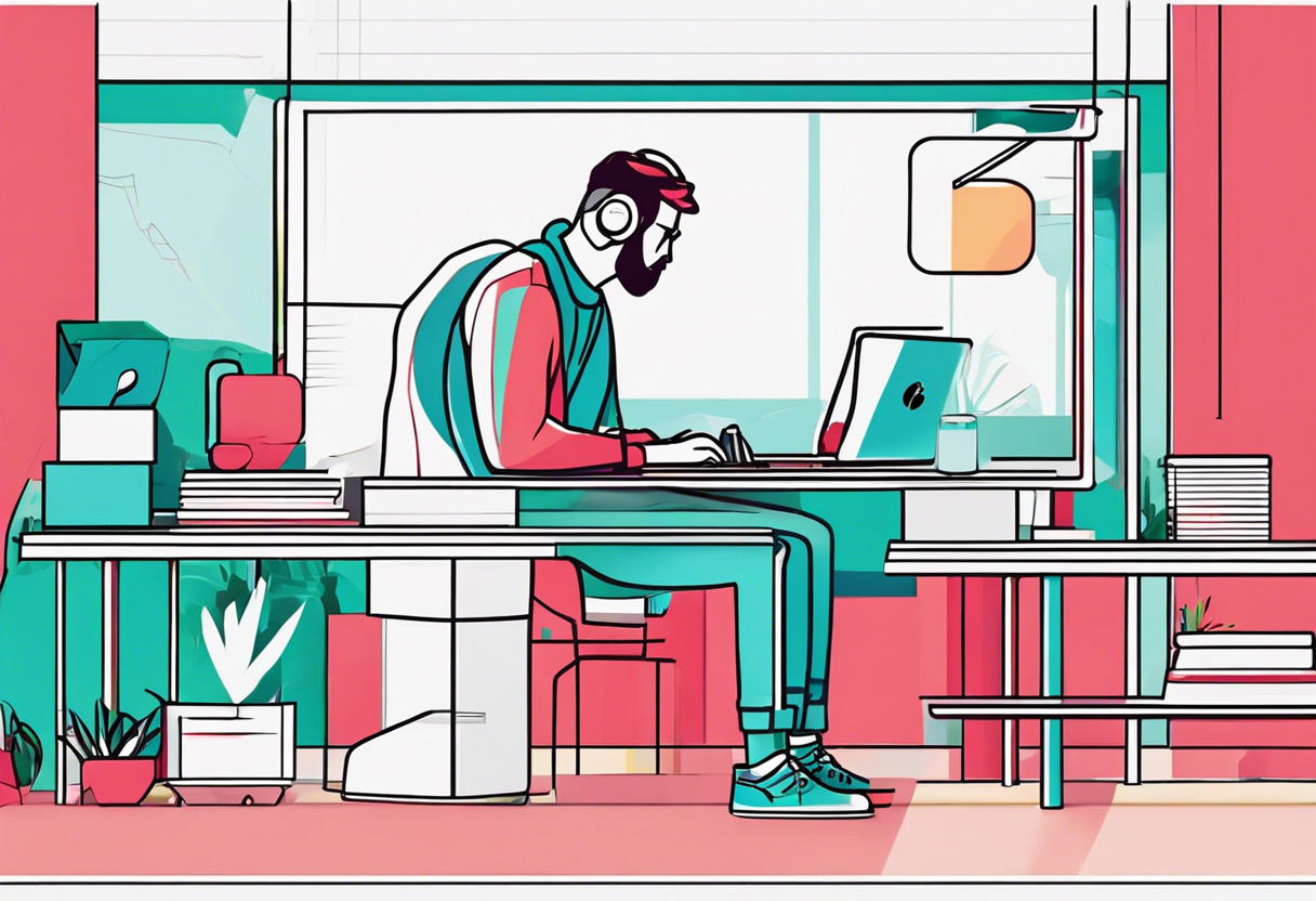 Colorful depiction of a game developer using Metal API on an Apple device in a creative hub