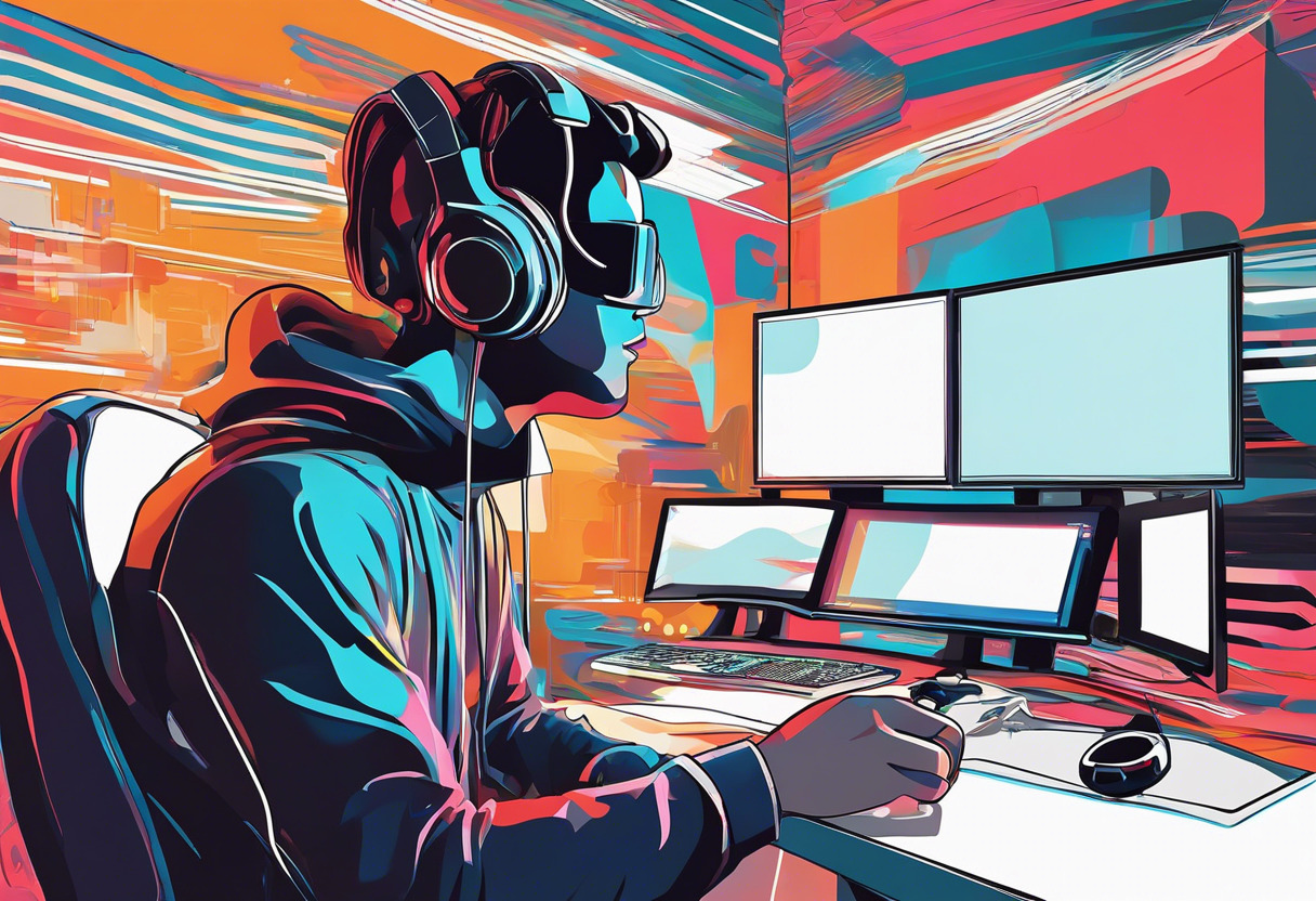 Colorful depiction of a gamer captivated by the immersive experience provided by OpenVR, with an HTC Vive headset set against a backdrop of streaming code