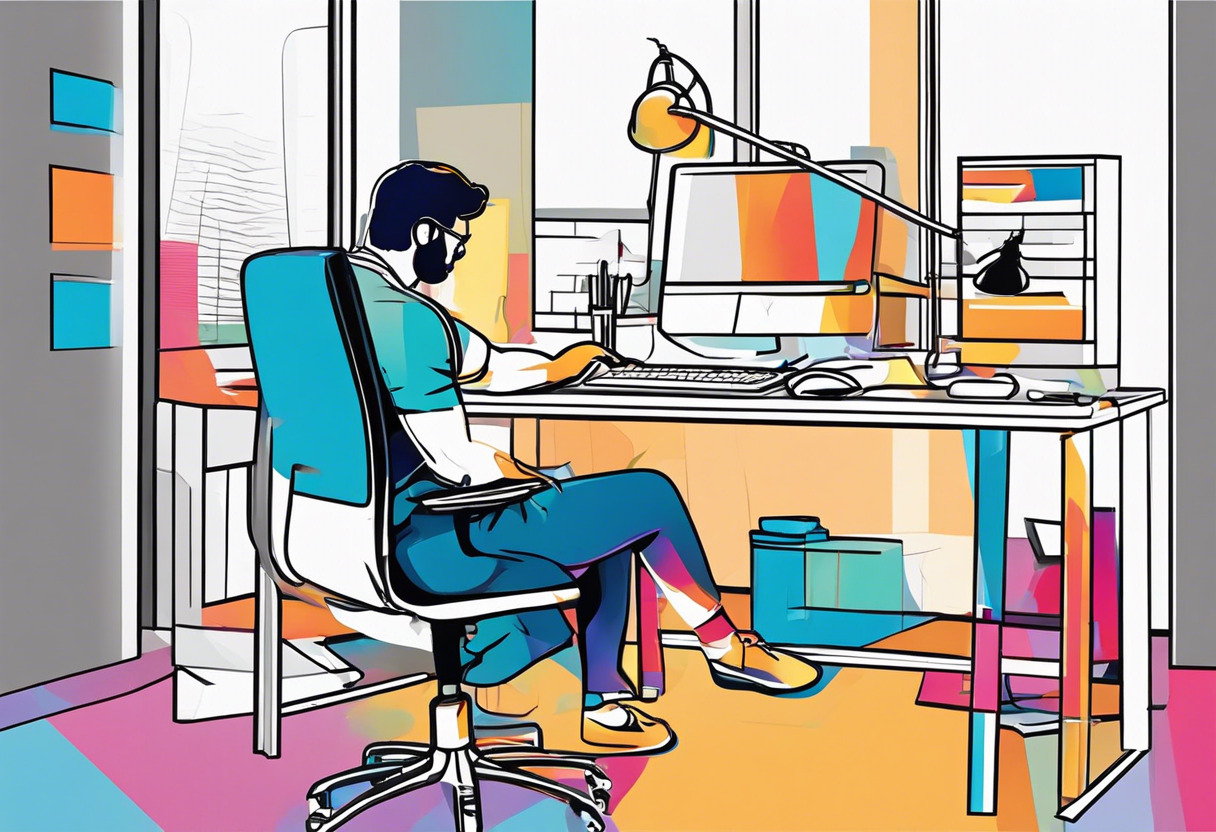 Colorful depiction of a graphic designer in a digital art studio using CorelDRAW