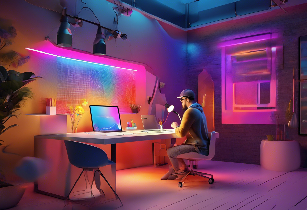 Colorful depiction of a graphic designer in an innovative workspace using Adobe Illustrator on an iPad