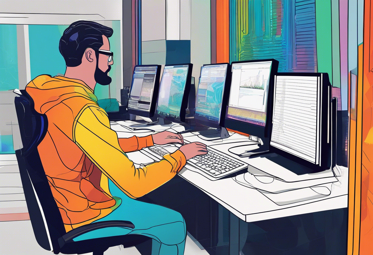 Colorful depiction of a man using Meshroom's software on computer in a tech studio