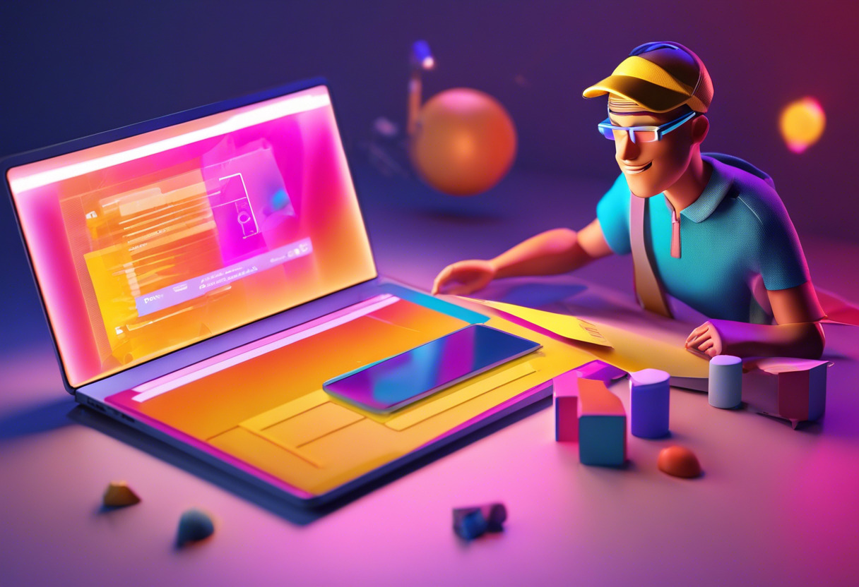 Colorful depiction of a marketer designing a social media post using Canva on a laptop