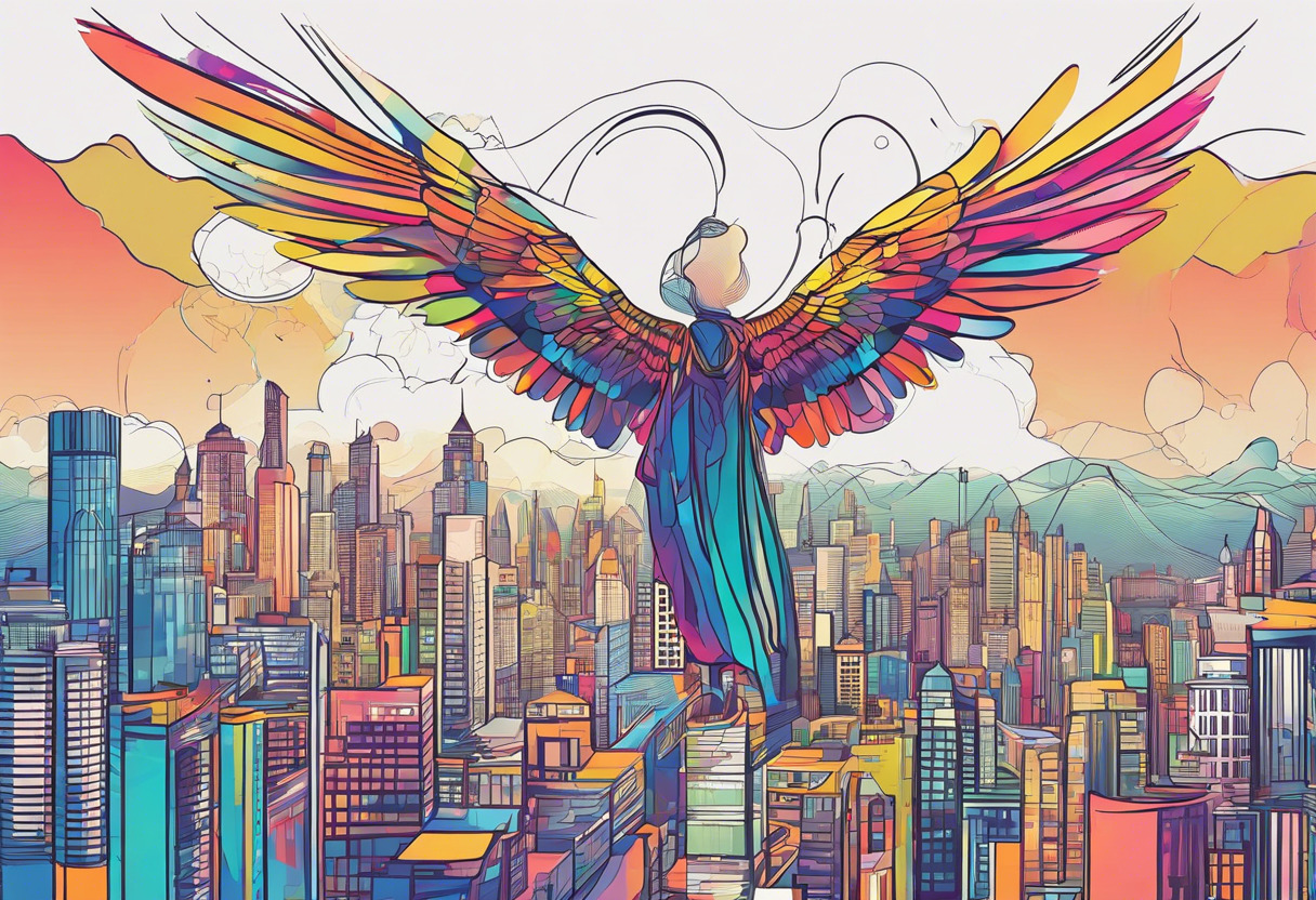 Colorful depiction of a MetaHuman with wings soaring high over a sprawling cityscape