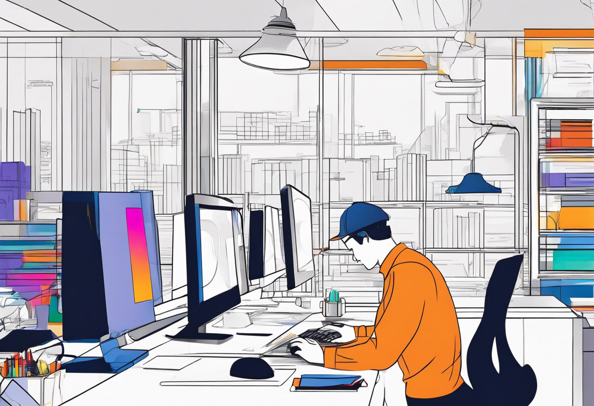 Colorful depiction of a person working on product design on a computer within an engineering office