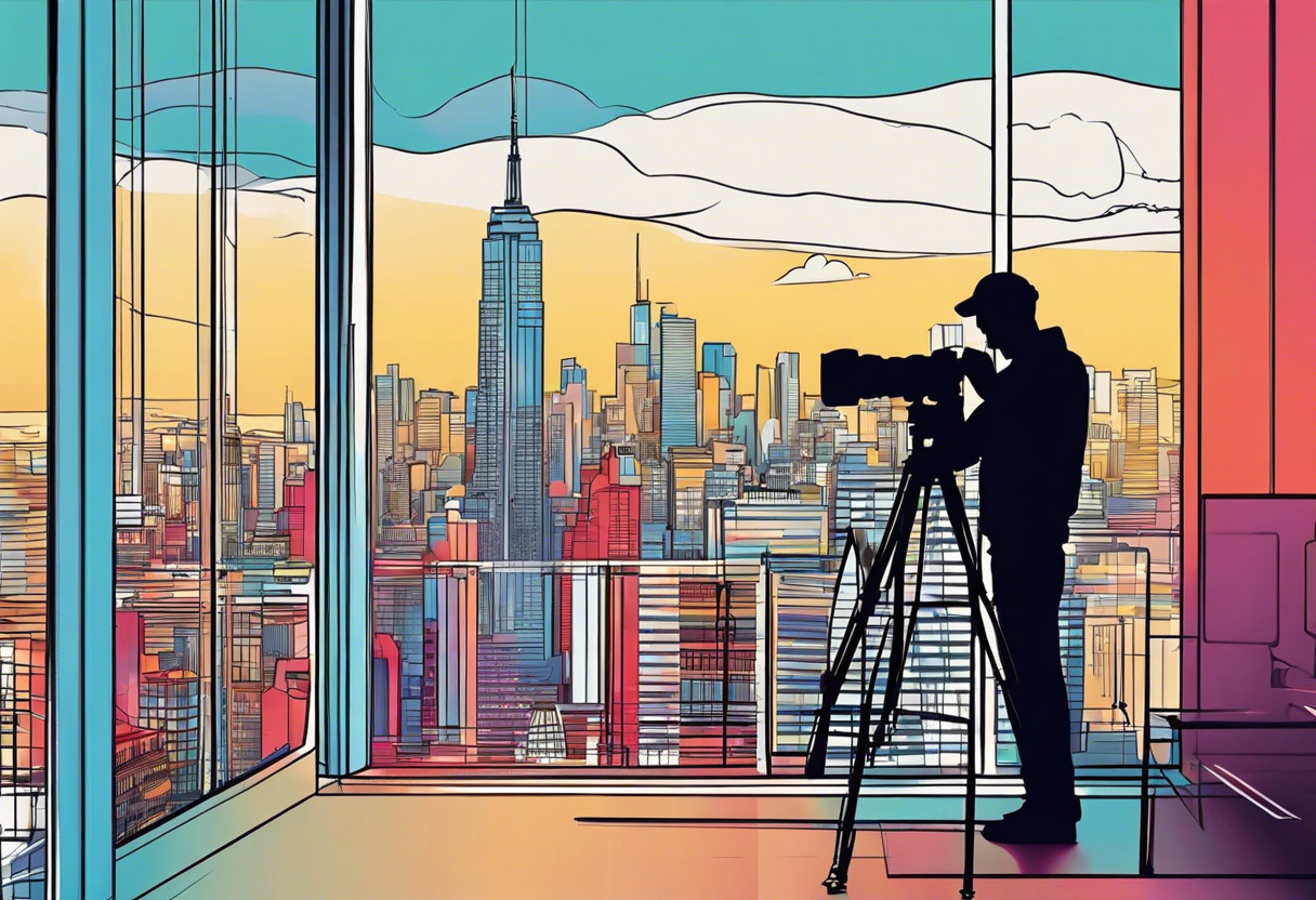 Colorful depiction of a professional photographer using Adobe Photoshop to edit a cityscape photograph in a studio setting