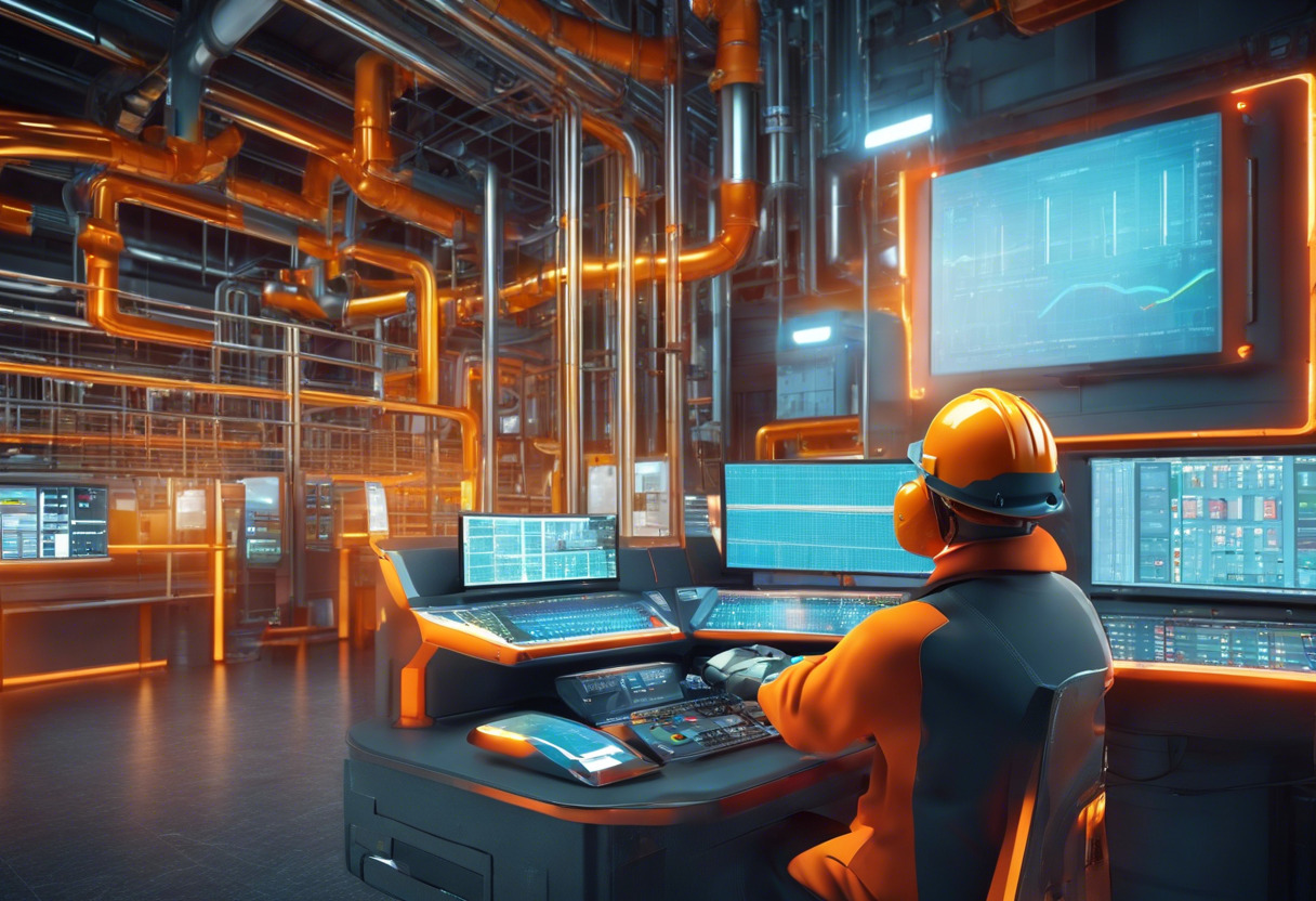 Colorful depiction of a technician operating the SCADA system in an industrial plant