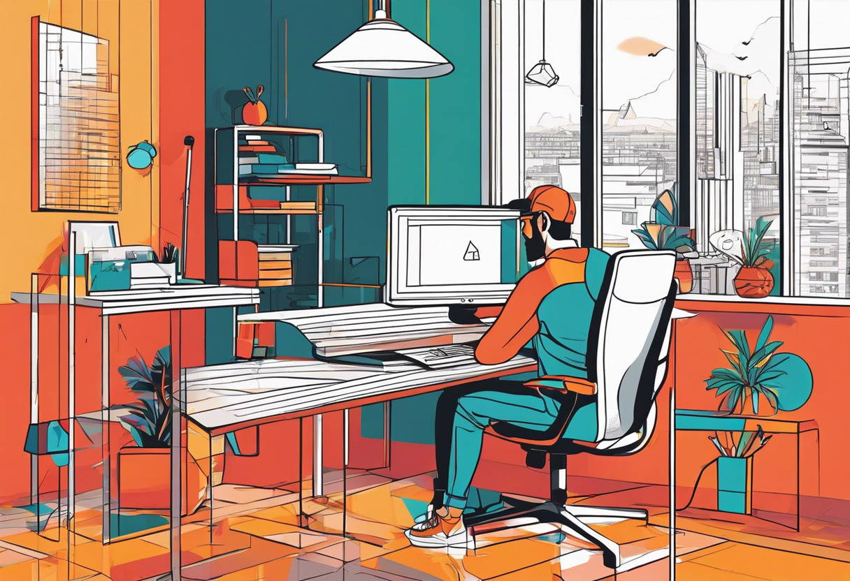 Colorful depiction of a Web designer working on a complex layout using Editor X in an eclectic studio space