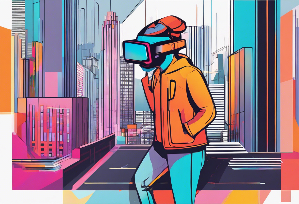 Colorful depiction of a XR+ user immersed in an augmented reality experience in an urban setting