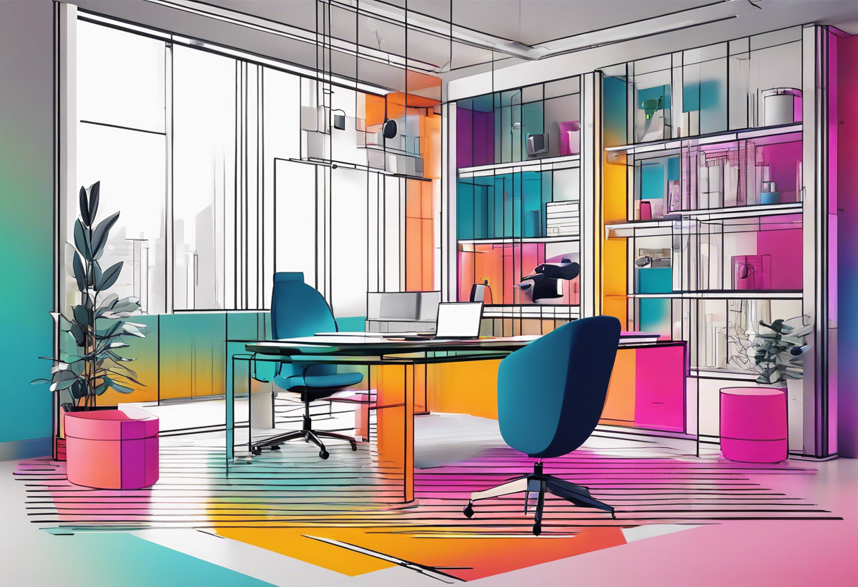 Colorful depiction of Aircada's interface showcasing a 3D model and AR scene, placed in a vibrant tech office.