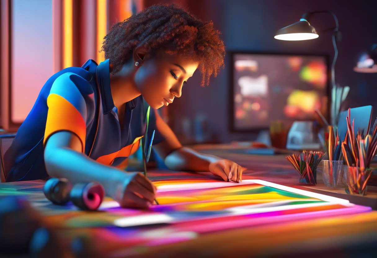 Colorful depiction of an artist designing an interactive graphic using HTML Canvas