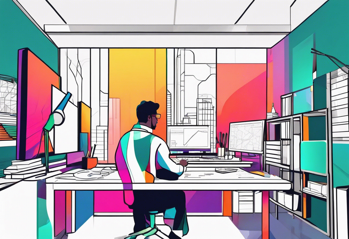 Colorful depiction of an artist in a tech studio using Lens Studio