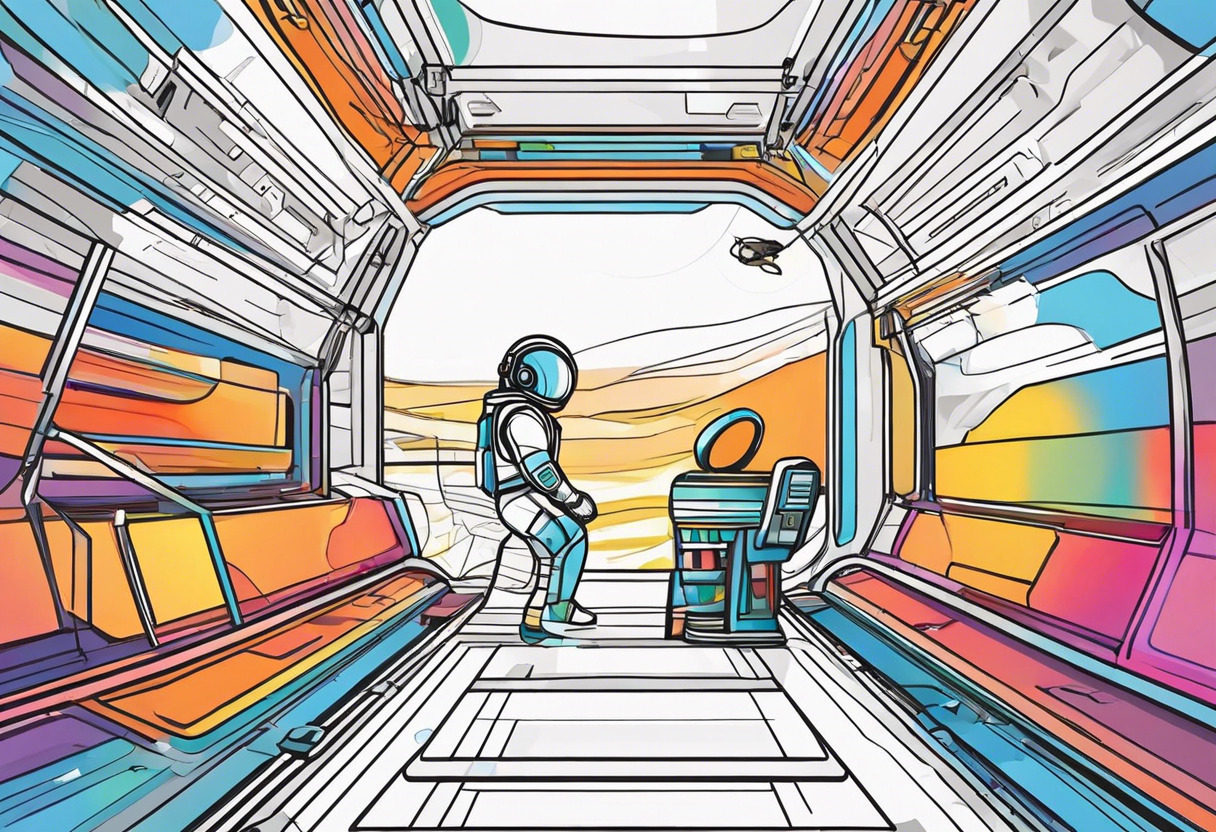 Colorful depiction of an astronaut in a space simulator in a busy training facility