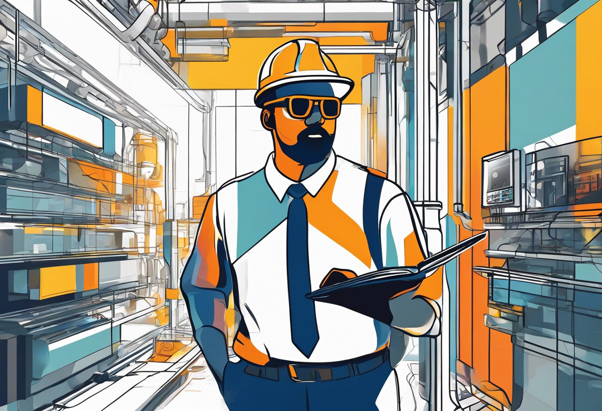 Colorful depiction of an employee using Augmented Reality for visual instructions at an industrial site