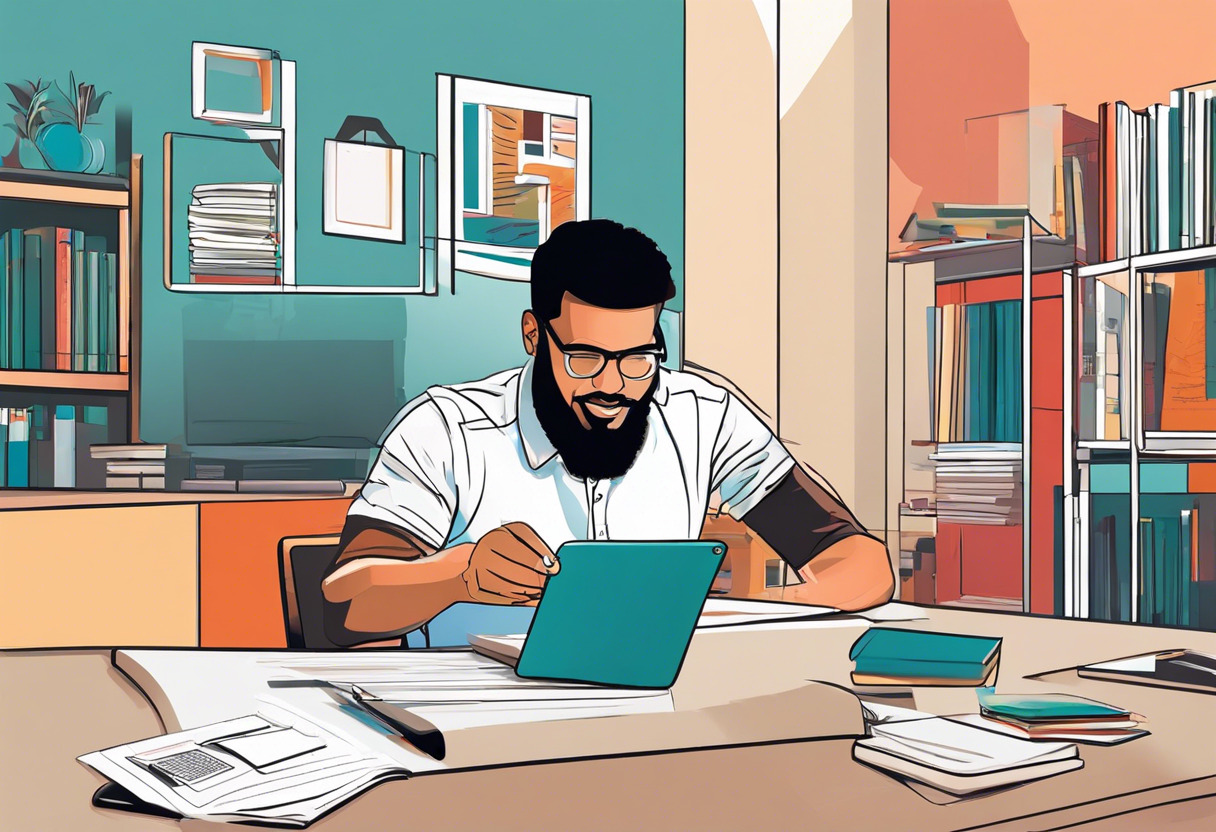 Colorful depiction of an engaging educator fine-tuning his course material with LearnDash on his device, against a background of a modern workspace showing WordPress in action