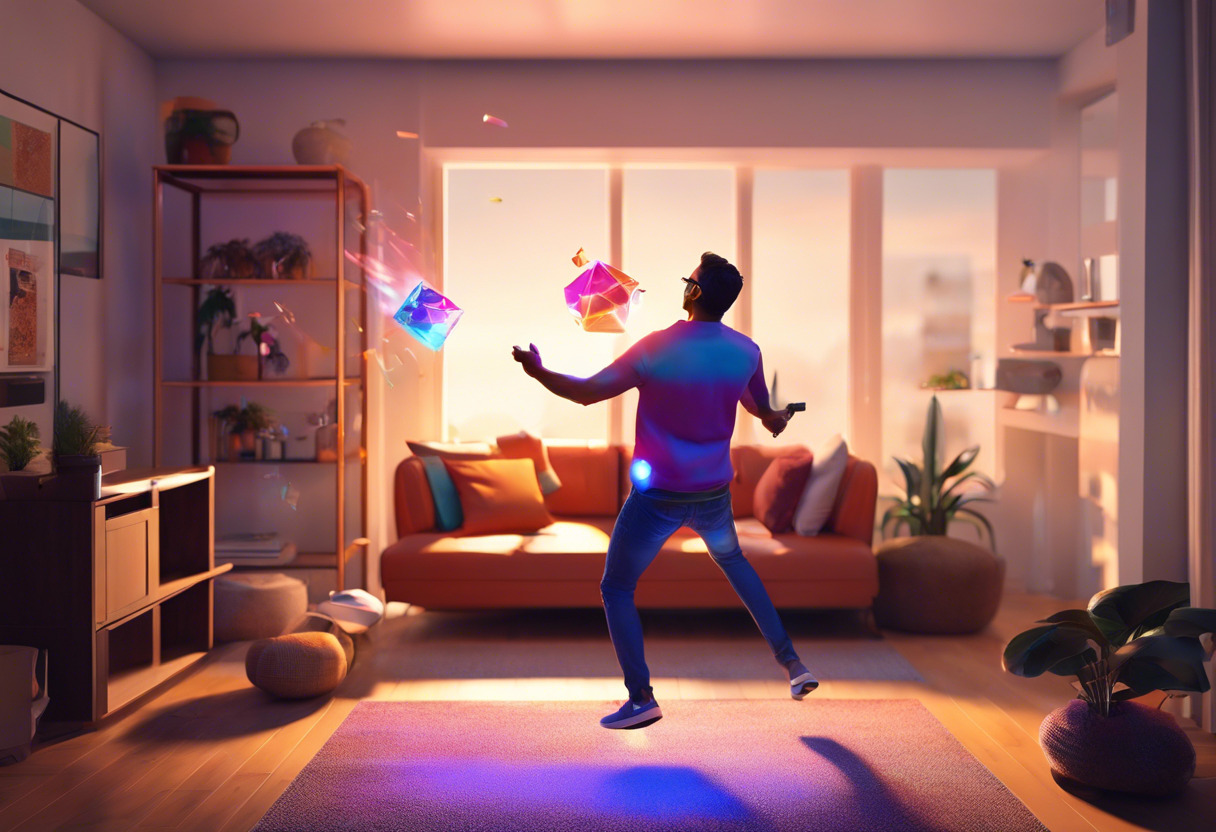 Colorful depiction of an enthusiastic iOS user experiencing a dynamic AR game unfolding in their living room