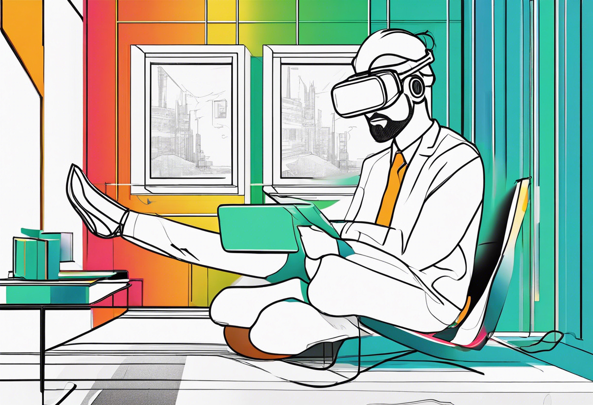 Colorful depiction of an innovative tech lover exploring a virtual art gallery through his standalone VR headset