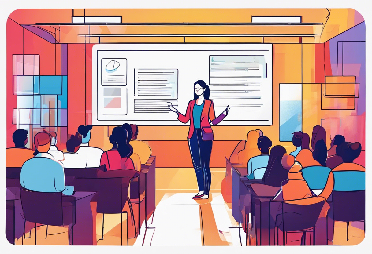 Colorful depiction of an online instructor presenting a course in a digital classroom