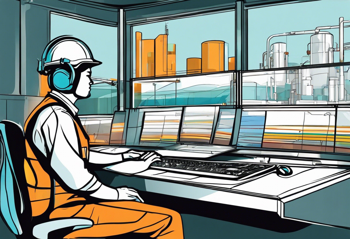 Colorful depiction of an operator monitoring an industrial water tank on a dashboard