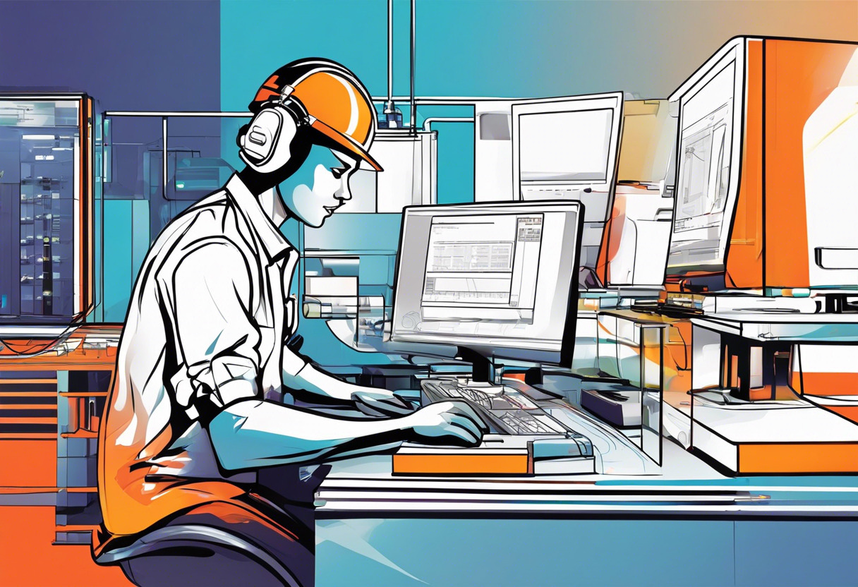 Colorful depiction of an operator using an OIT console in a manufacturing facility