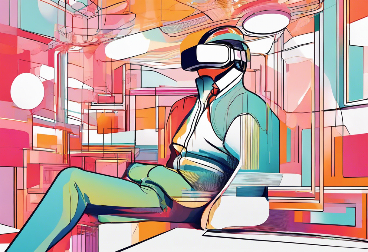 Colorful depiction of an XR user with VR headset, exploring a virtual interactive environment