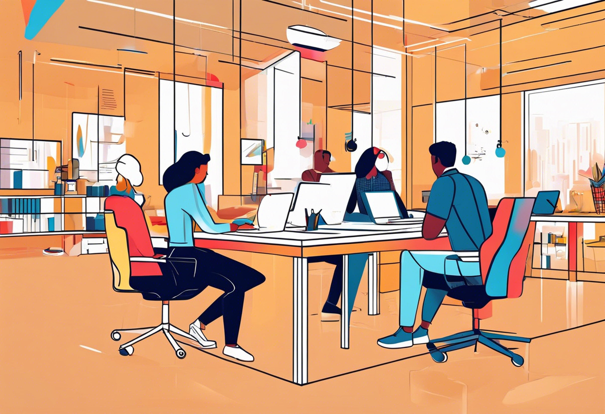 Colorful depiction of diverse professionals engrossed in creating designs on Canva in modern office