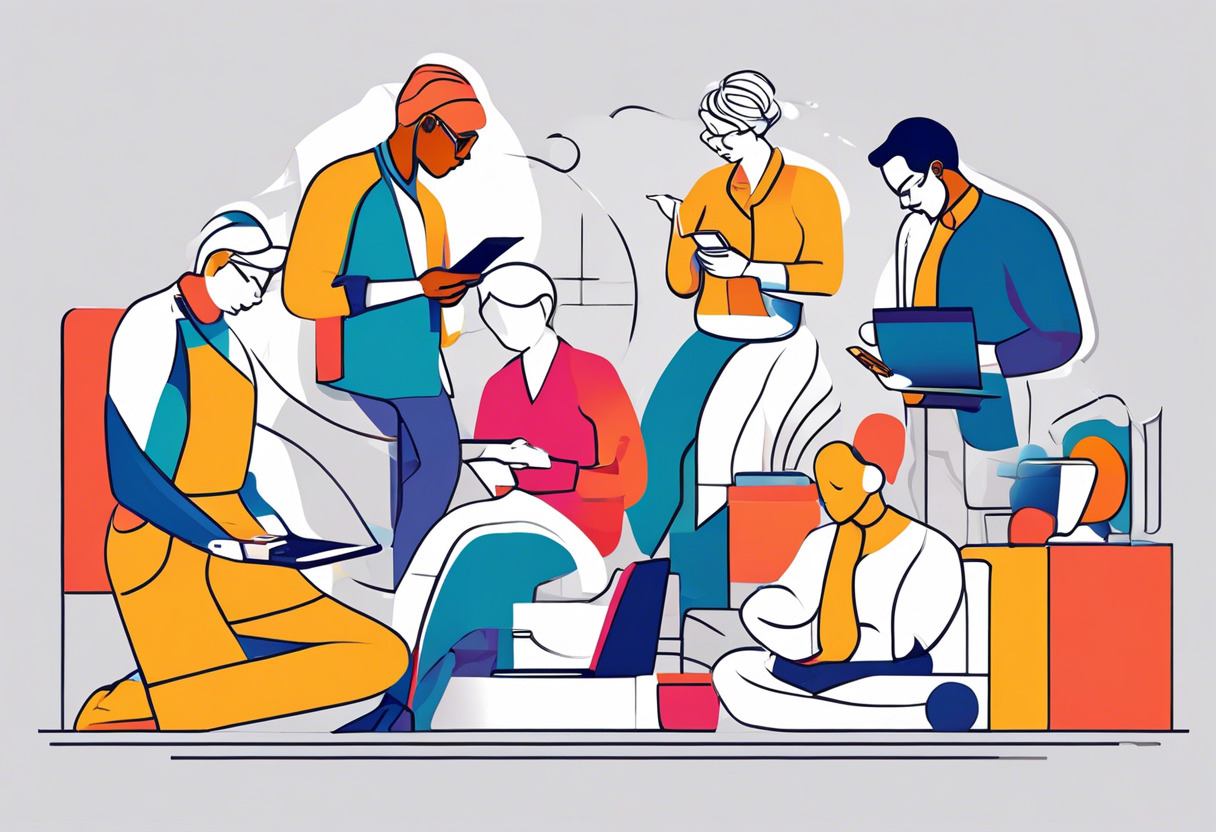 Colorful depiction of diverse professionals leveraging the power of Thinkific Plus on their handheld devices