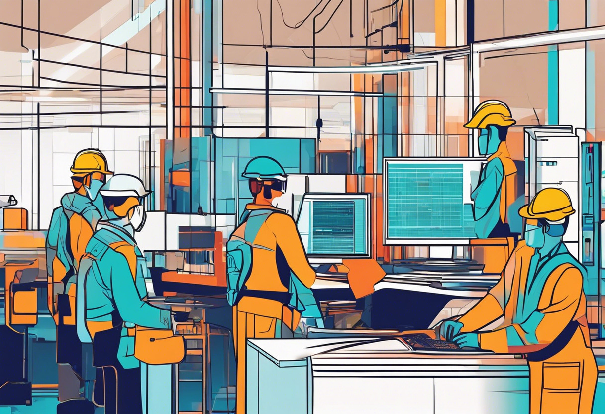 Colorful depiction of maintenance engineers operating Fiix software in a tech company