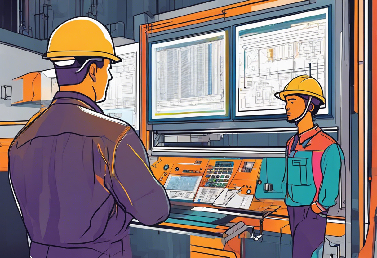 Colorful depiction of operators and engineers at an industrial site interacting with an HMI panel